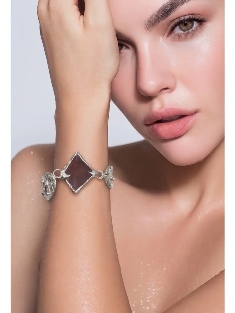 Amber Sea Glass Bracelet | Mixed Metal Silver & Copper Stamped Links |Adjustable